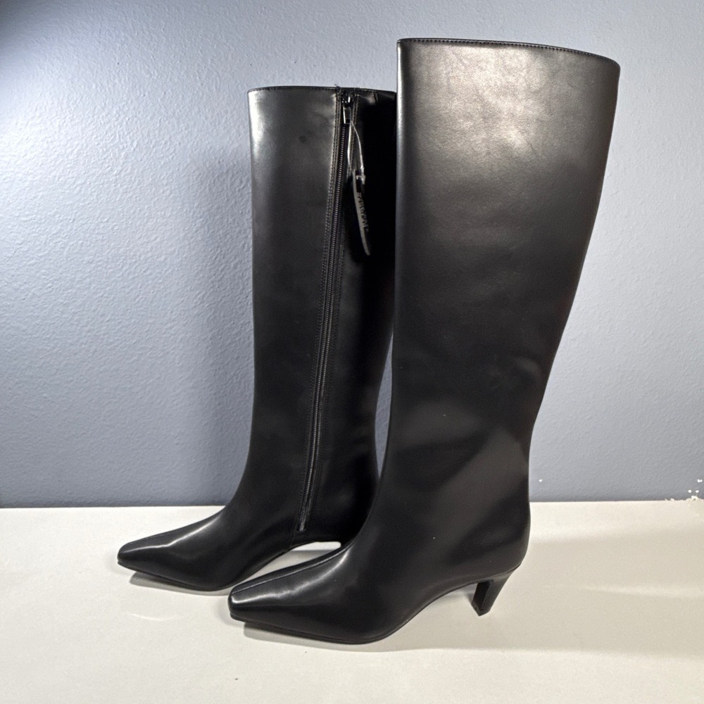 INC Tall Boots Womens 5.5M Black Kitten Heel Square Toe Wide Calf Seam Detail
